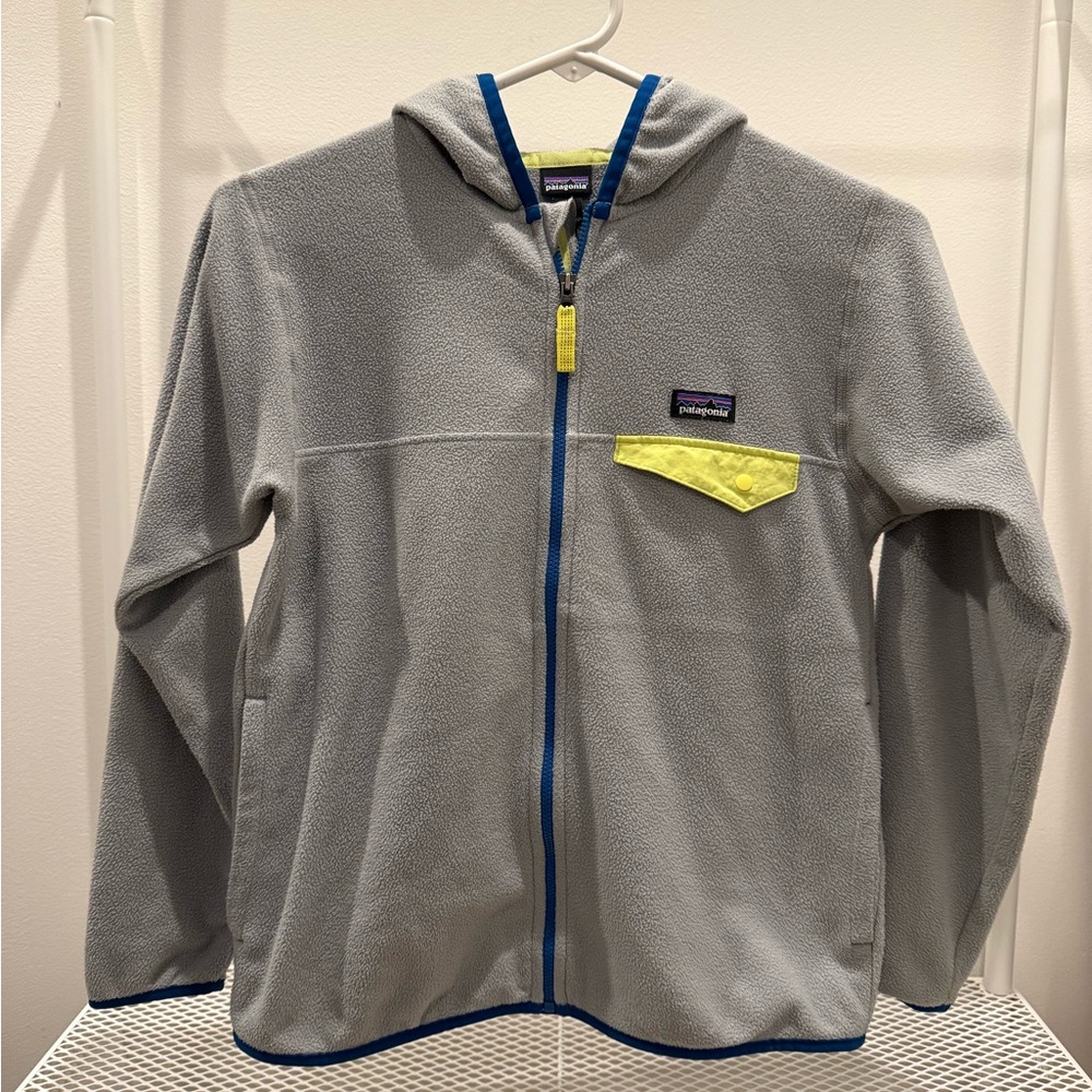 Patagonia Kids Micro D Snap-T Gray Fleece Hoodie with Blue and Yellow Details
